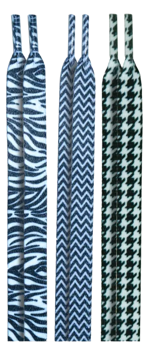 10 Seconds® Classic Flat Laces | Zebra/Chevron/Herringbone Printed Multi-Pack