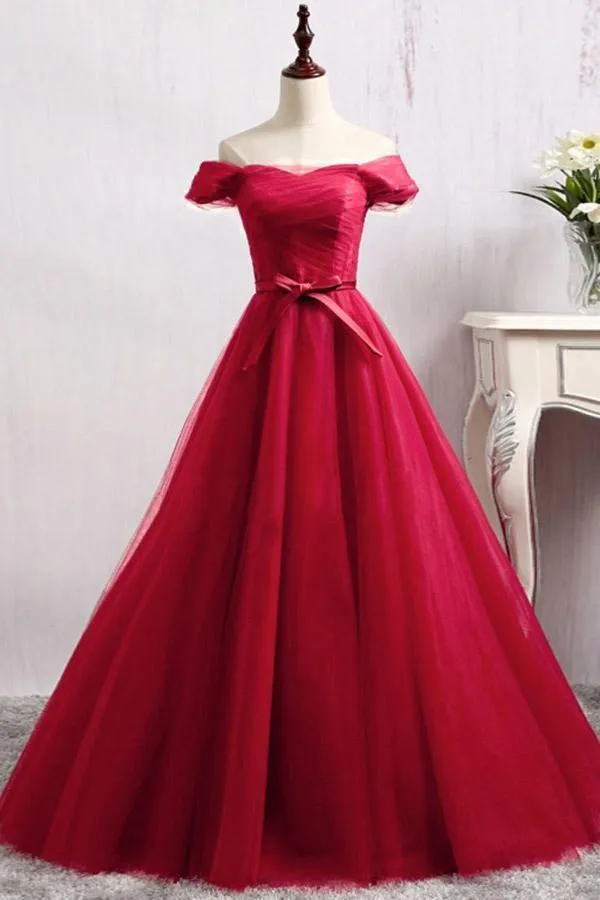 A-Line Off-the-Shoulder Floor-Length Dark Red Tulle Prom Dress  PSK097