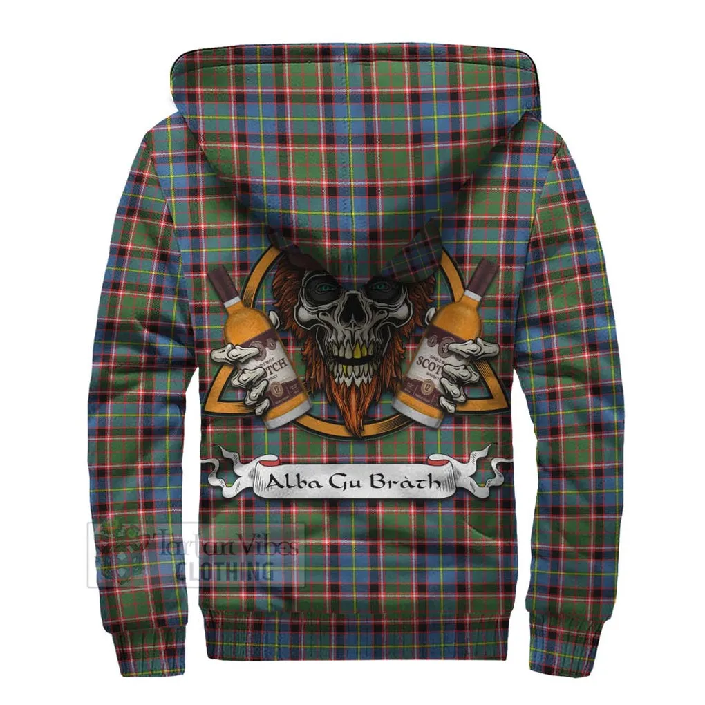 Aikenhead Tartan Sherpa Hoodie with Family Crest and Bearded Skull Holding Bottles of Whiskey