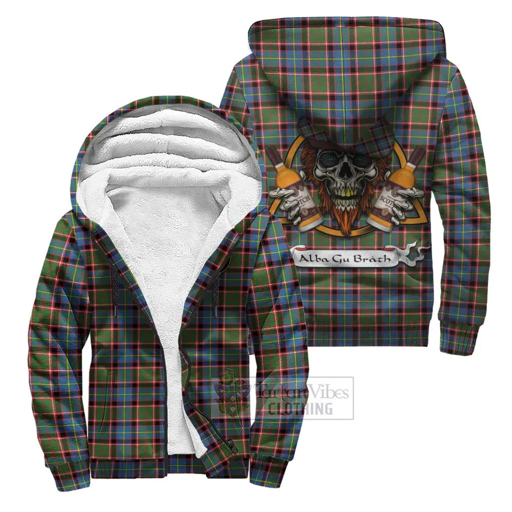 Aikenhead Tartan Sherpa Hoodie with Family Crest and Bearded Skull Holding Bottles of Whiskey