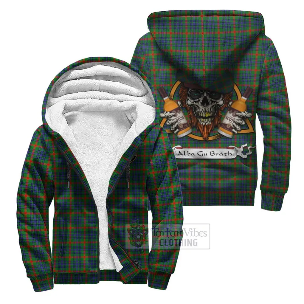 Aiton Tartan Sherpa Hoodie with Family Crest and Bearded Skull Holding Bottles of Whiskey