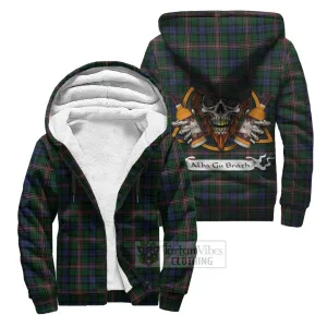 Allison Tartan Sherpa Hoodie with Family Crest and Bearded Skull Holding Bottles of Whiskey