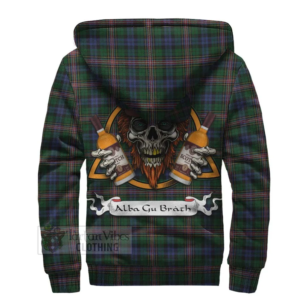 Allison Tartan Sherpa Hoodie with Family Crest and Bearded Skull Holding Bottles of Whiskey