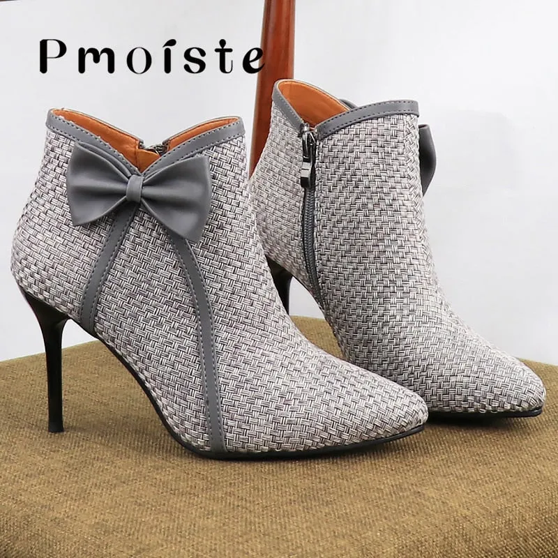 Amozae-Back to College Women's High Heels Boots Butterfly-knot Weave 2024 Autumn Shoes Designer Bow Ankle Boots for Female Fashion Zipper Big size 41