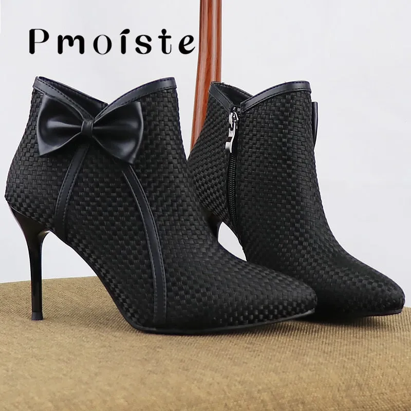 Amozae-Back to College Women's High Heels Boots Butterfly-knot Weave 2024 Autumn Shoes Designer Bow Ankle Boots for Female Fashion Zipper Big size 41