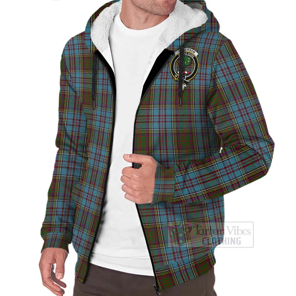 Anderson Tartan Sherpa Hoodie with Family Crest and Bearded Skull Holding Bottles of Whiskey