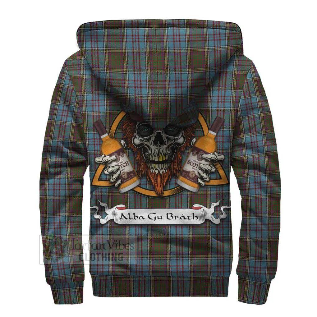 Anderson Tartan Sherpa Hoodie with Family Crest and Bearded Skull Holding Bottles of Whiskey