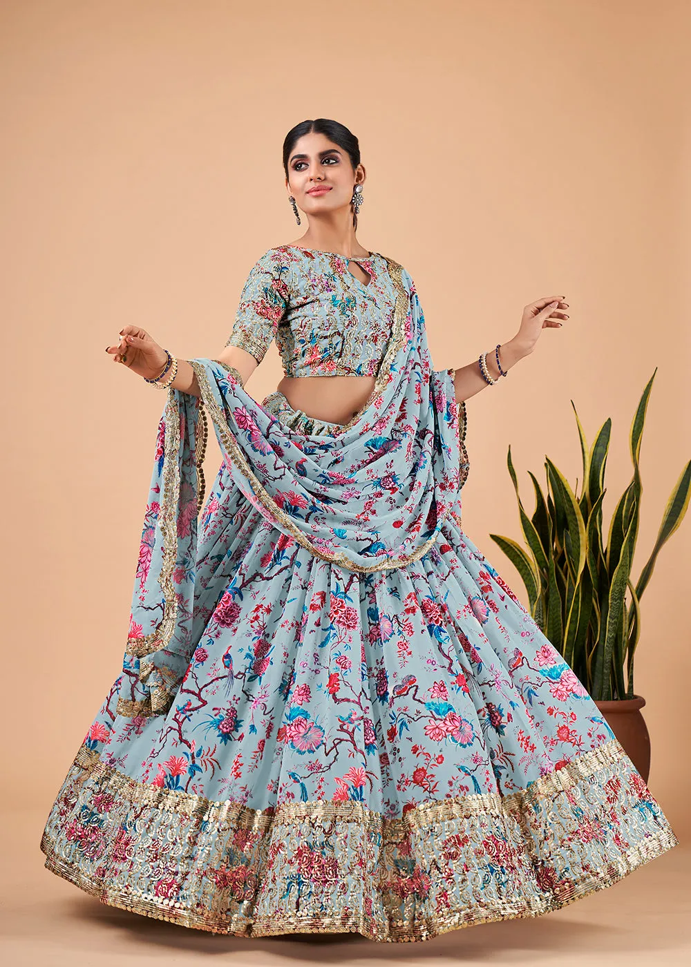 Aristocratic Sky Blue Floral Printed Georgette Lehenga Choli