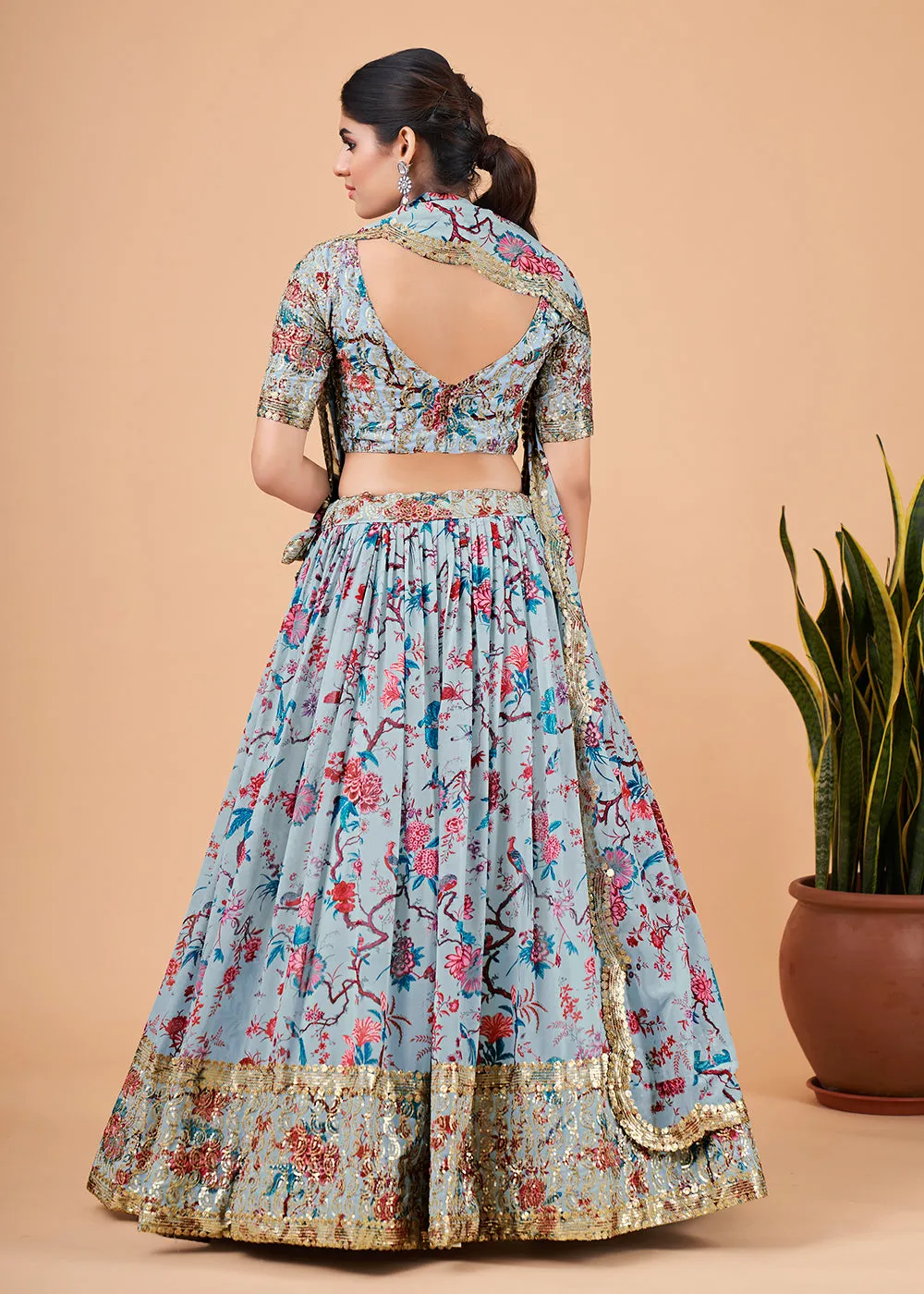 Aristocratic Sky Blue Floral Printed Georgette Lehenga Choli