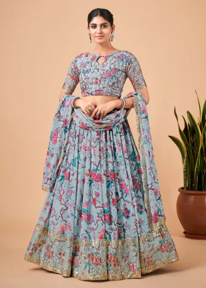 Aristocratic Sky Blue Floral Printed Georgette Lehenga Choli