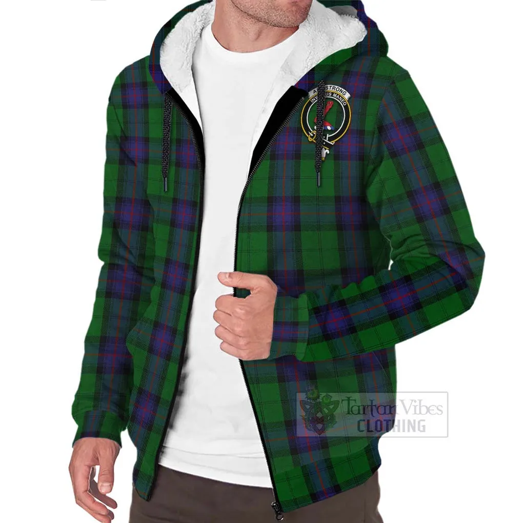 Armstrong Tartan Sherpa Hoodie with Family Crest and Bearded Skull Holding Bottles of Whiskey