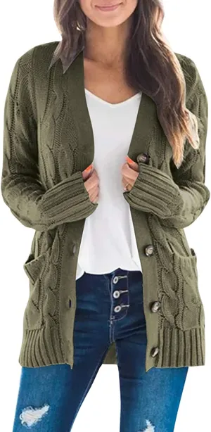 Army Green Women's Long Sleeve Cable Knit Sweater Open Front Cardigan Button Loose Outerwear - MEROKEETY