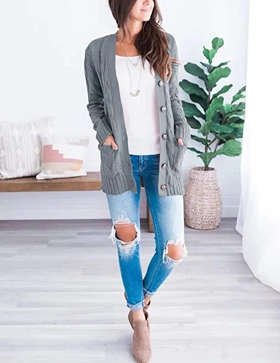 Army Green Women's Long Sleeve Cable Knit Sweater Open Front Cardigan Button Loose Outerwear - MEROKEETY