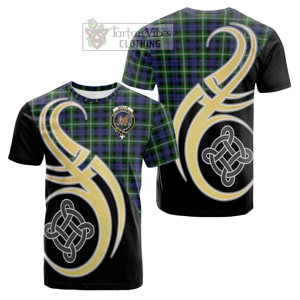 Baillie of Polkemmet Tartan Cotton T-shirt with Family Crest and Celtic Symbol Style