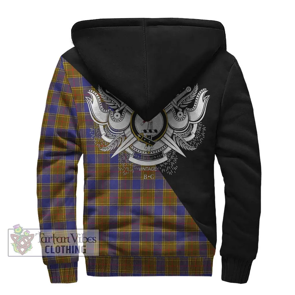 Balfour Tartan Sherpa Hoodie with Family Crest and Military Logo Style