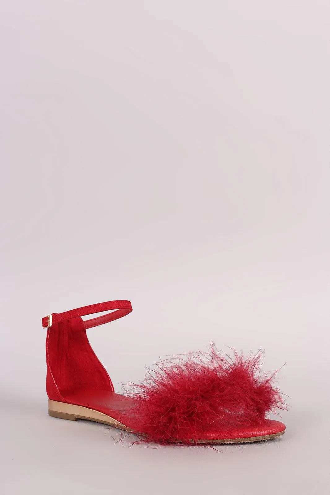 Bamboo Suede Faux Feather Accent Ankle Strap Flat Sandal