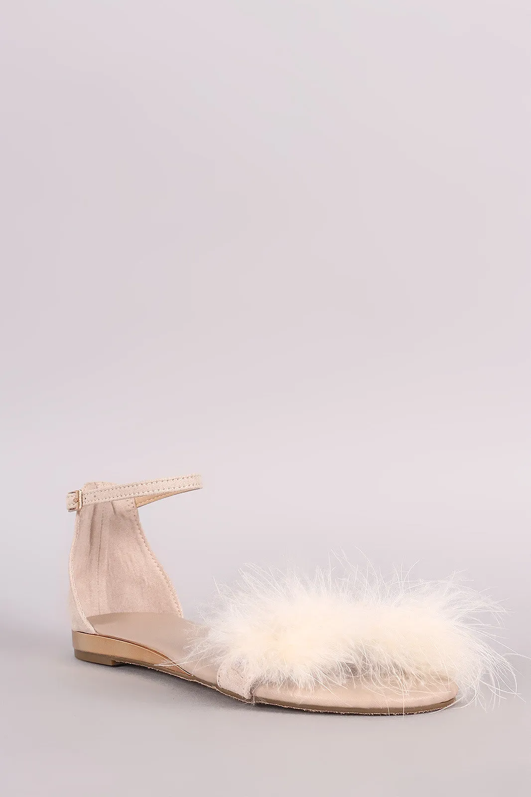 Bamboo Suede Faux Feather Accent Ankle Strap Flat Sandal