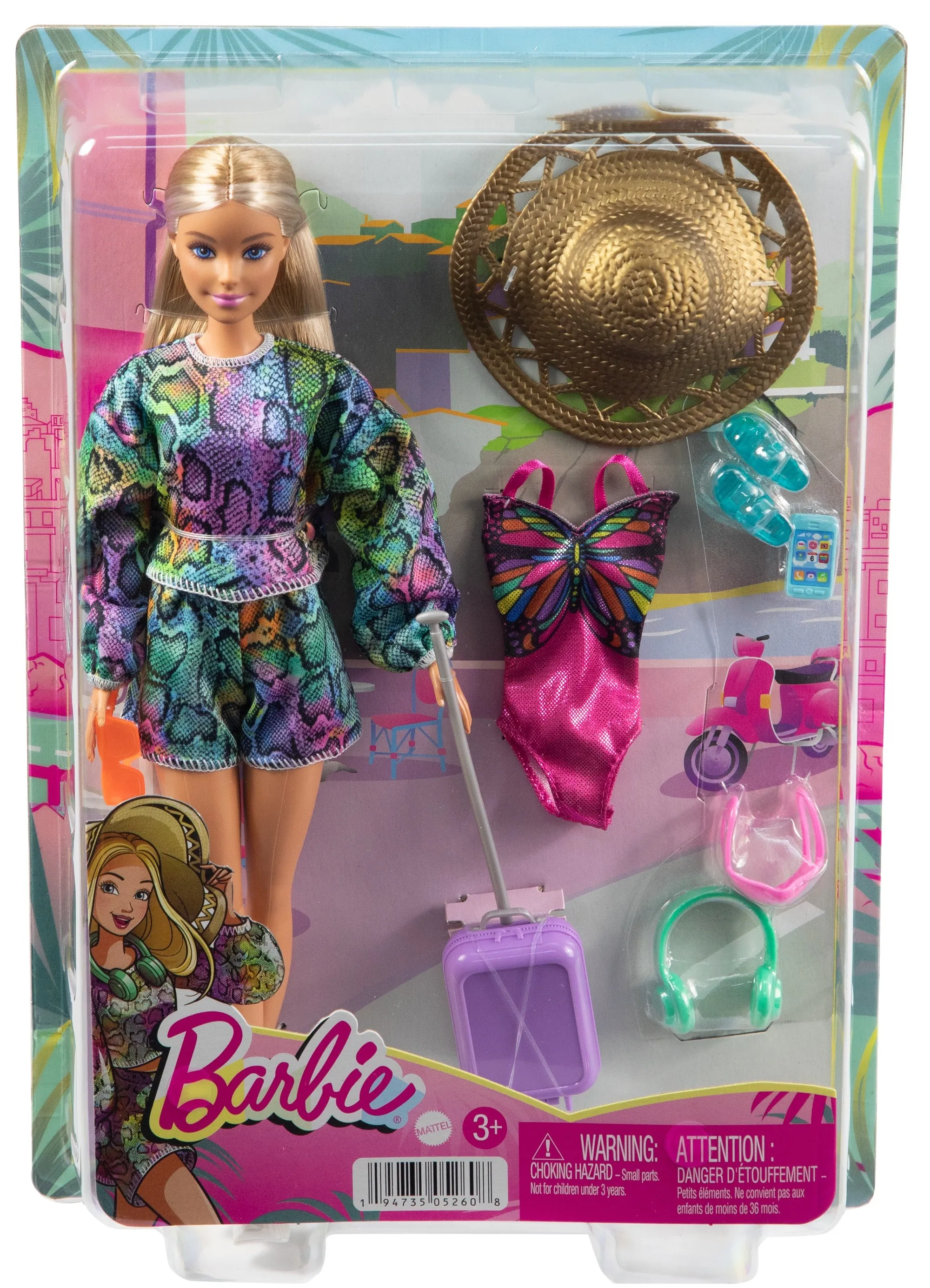 Barbie Holiday Fun Doll & Accessories Set with 12 Inches Blonde Highlighted Hair Doll, Travel Tote & Hat, Swimsuit & Summer Accessories for Kids Ages 3 