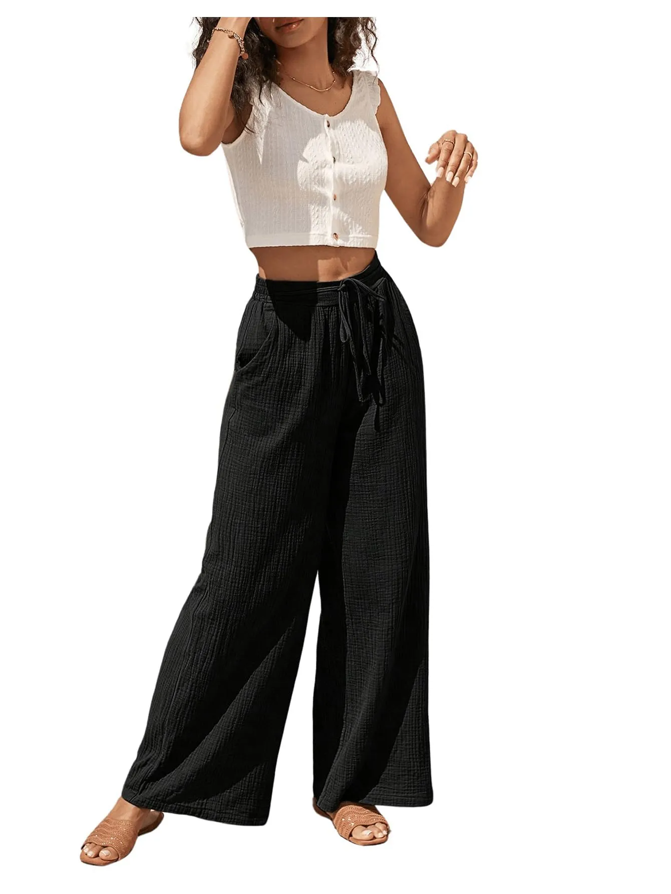 BEAUDRM Women's Elastic Linen High Waist Pants Casual Tie Front Wide Leg Loose Fit Pants Trouser with Pockets Black Small