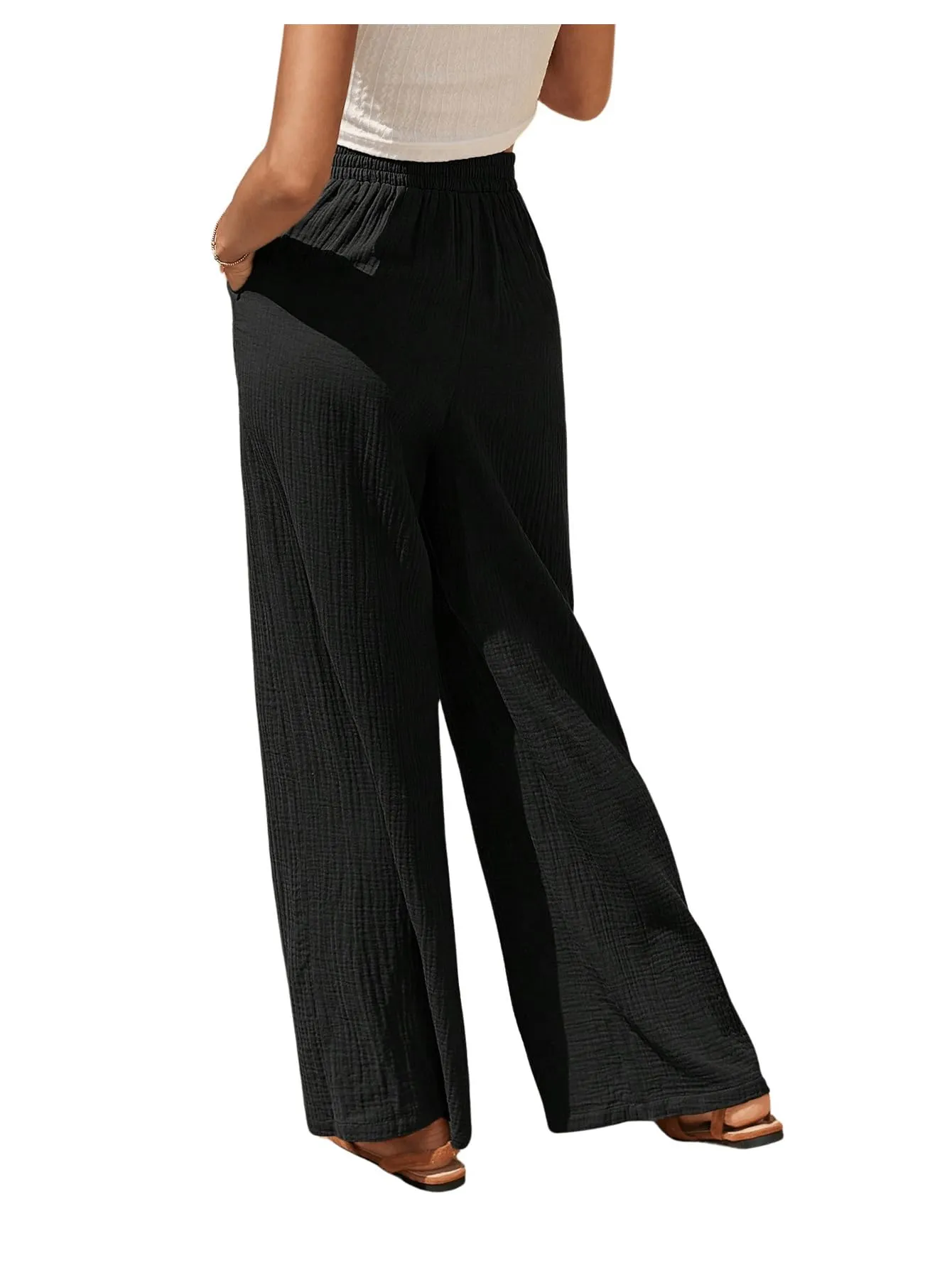 BEAUDRM Women's Elastic Linen High Waist Pants Casual Tie Front Wide Leg Loose Fit Pants Trouser with Pockets Black Small