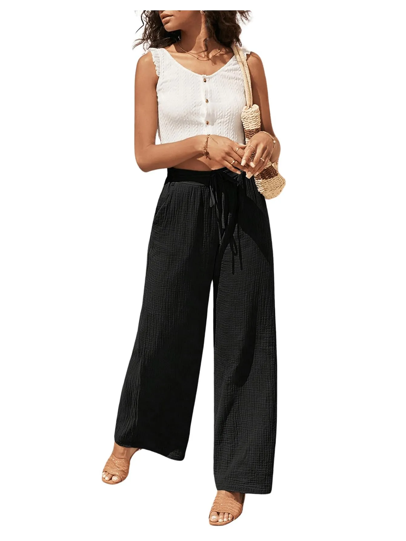 BEAUDRM Women's Elastic Linen High Waist Pants Casual Tie Front Wide Leg Loose Fit Pants Trouser with Pockets Black Small