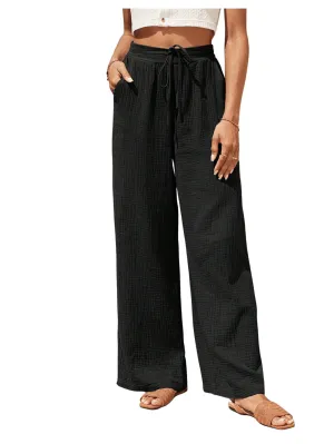 BEAUDRM Women's Elastic Linen High Waist Pants Casual Tie Front Wide Leg Loose Fit Pants Trouser with Pockets Black Small