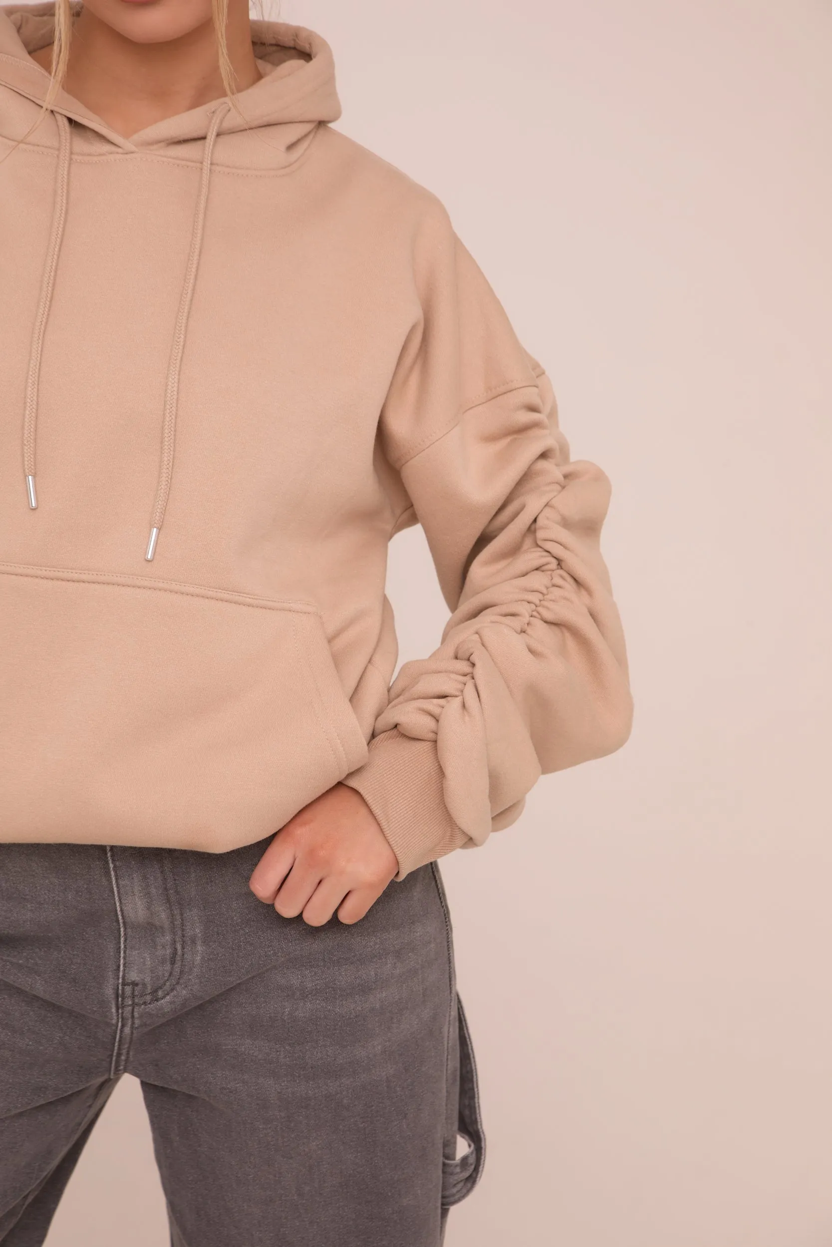 Beige Ruched Sleeve Oversized Hoodie - Lorna