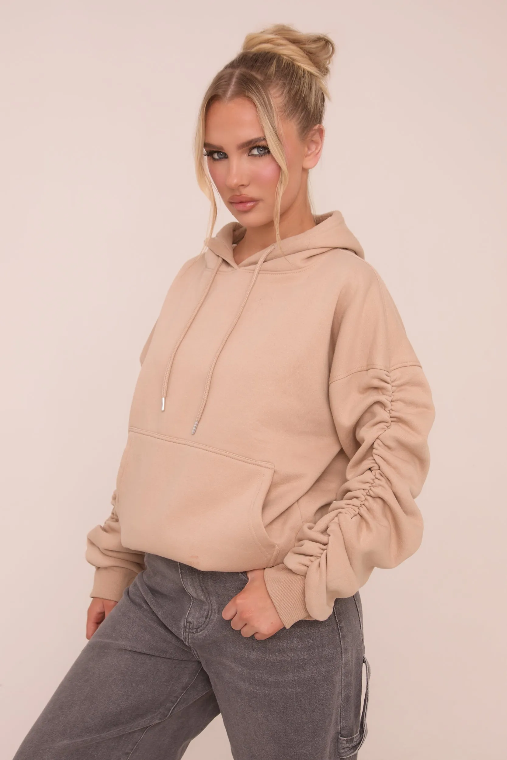 Beige Ruched Sleeve Oversized Hoodie - Lorna