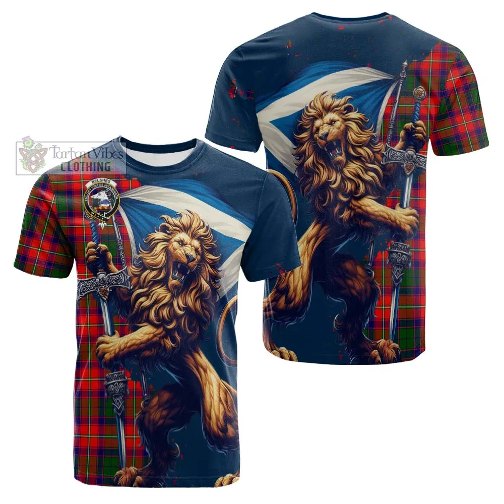 Belshes (Belsches) Tartan Family Crest Cotton T-shirt with Scottish Majestic Lion