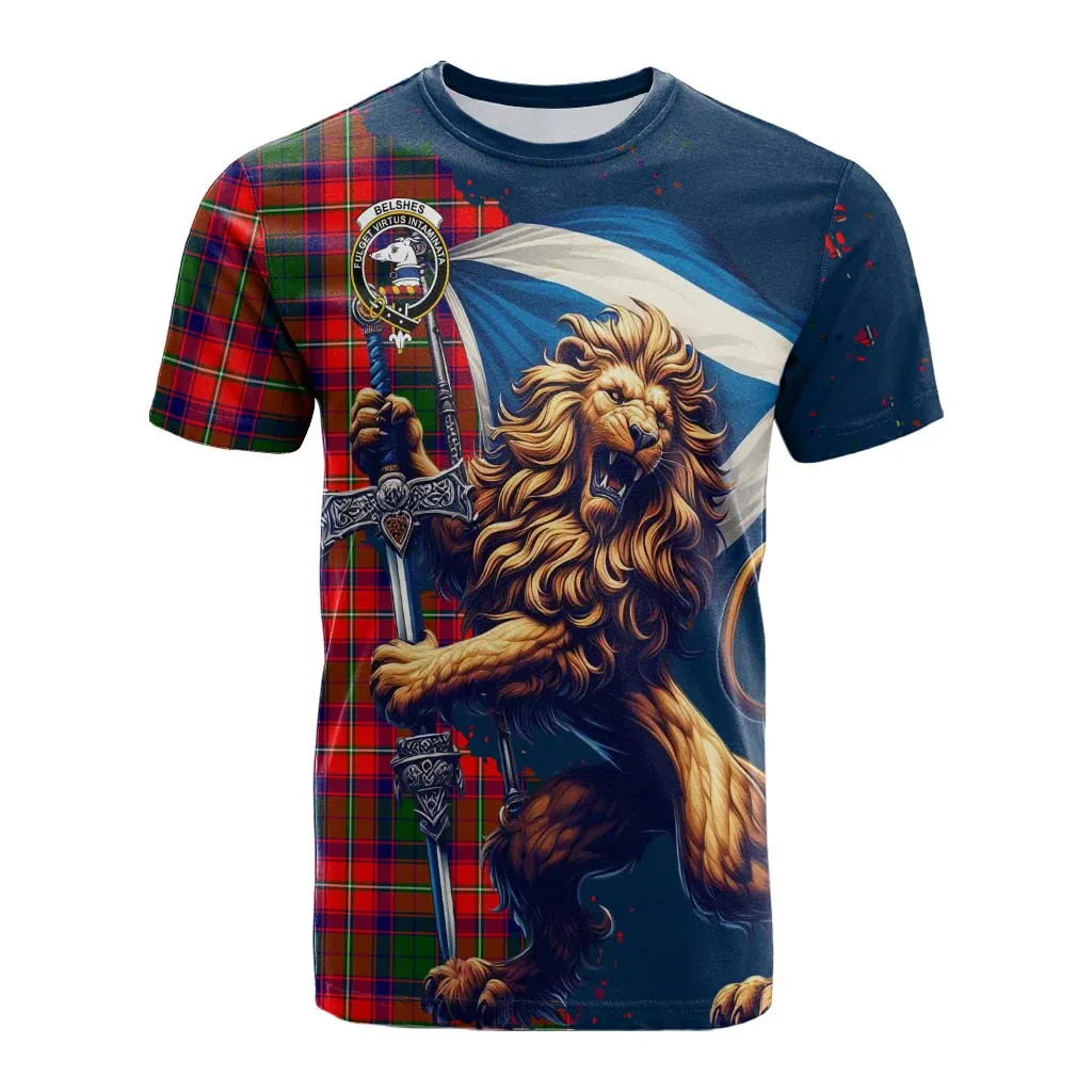 Belshes (Belsches) Tartan Family Crest Cotton T-shirt with Scottish Majestic Lion