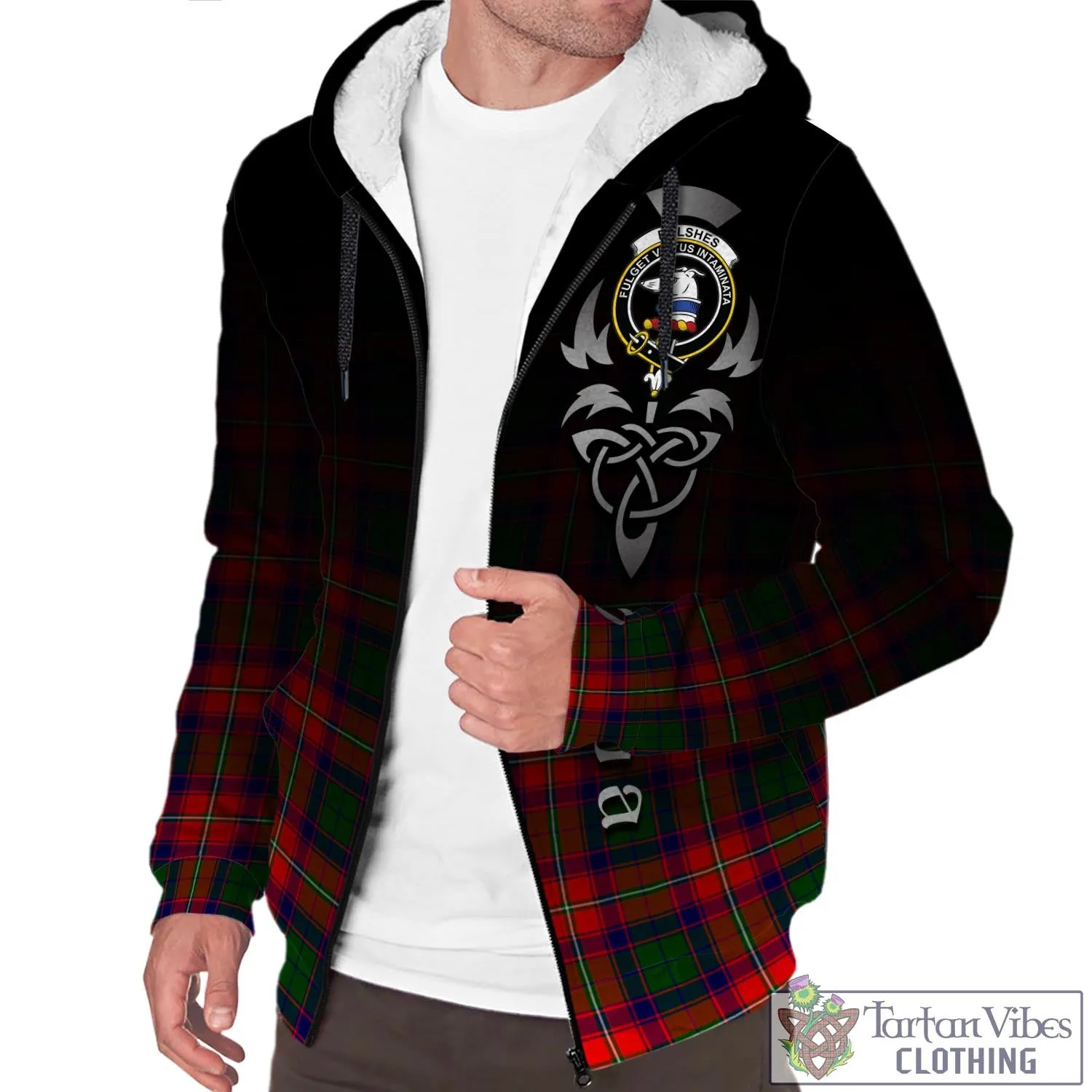 Belshes Tartan Sherpa Hoodie Featuring Alba Gu Brath Family Crest Celtic Inspired