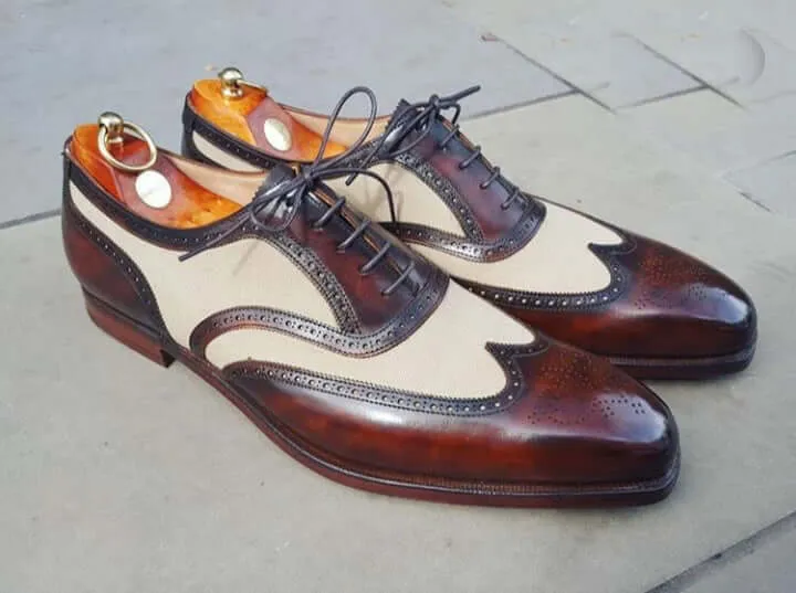 Bespoke Burgundy White Leather Wing Tip Shoe for Men