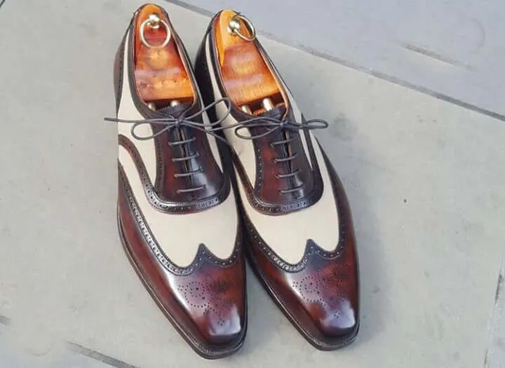 Bespoke Burgundy White Leather Wing Tip Shoe for Men