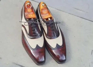 Bespoke Burgundy White Leather Wing Tip Shoe for Men