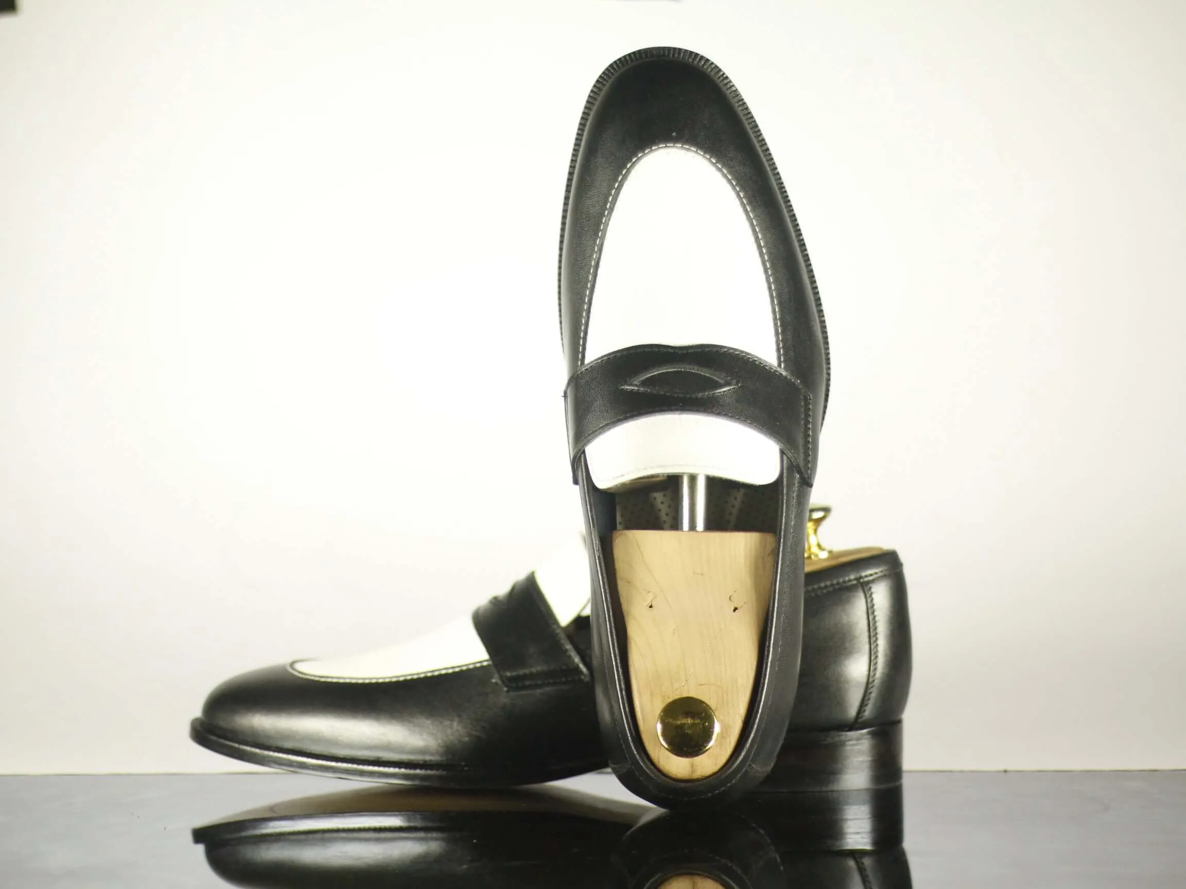 Bespoke Penny Loafer Black White Leather Shoes,Men's Dress Shoes