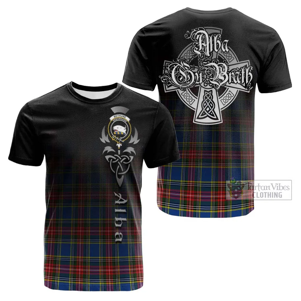 Bethune Tartan Cotton T-shirt Featuring Alba Gu Brath Family Crest Celtic Inspired