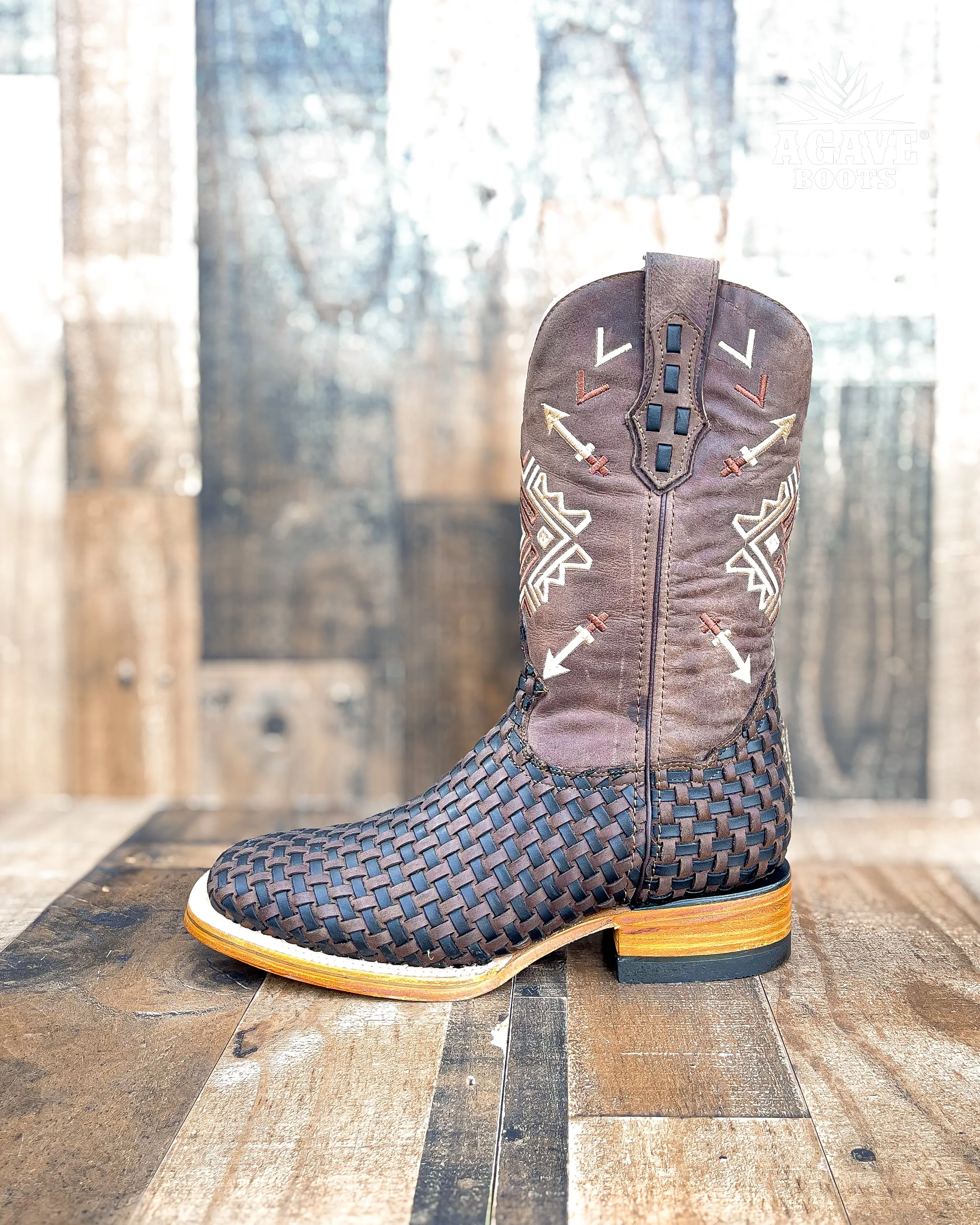 BLACK BROWN BASKET WEAVE PETATILLO | MEN SQUARE TOE WESTERN COWBOY BOOTS