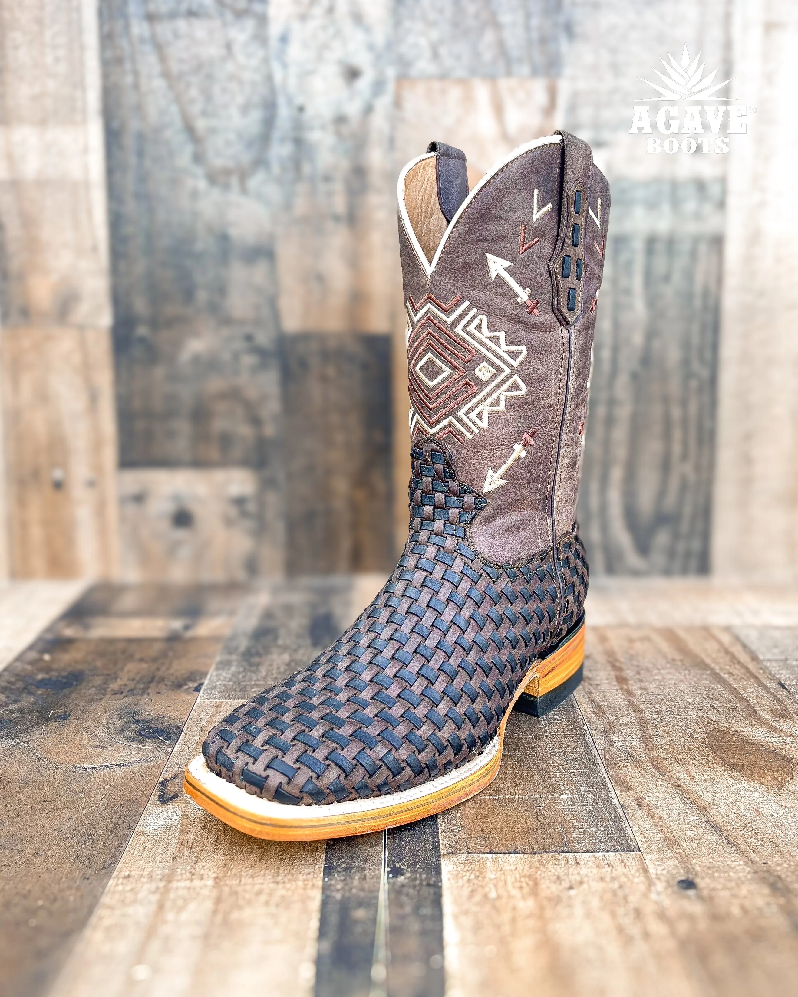 BLACK BROWN BASKET WEAVE PETATILLO | MEN SQUARE TOE WESTERN COWBOY BOOTS