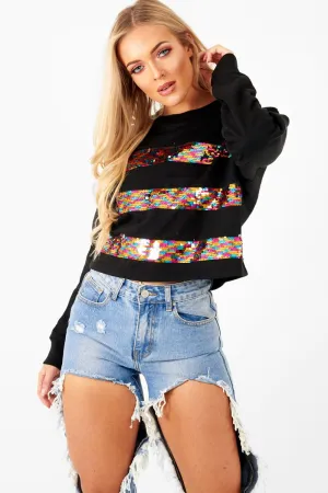 Black Multi Sequin Stripe Sweatshirt - Nadina