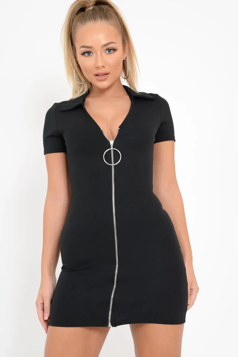 Black Plunge Zip Mini Dress - Arelys