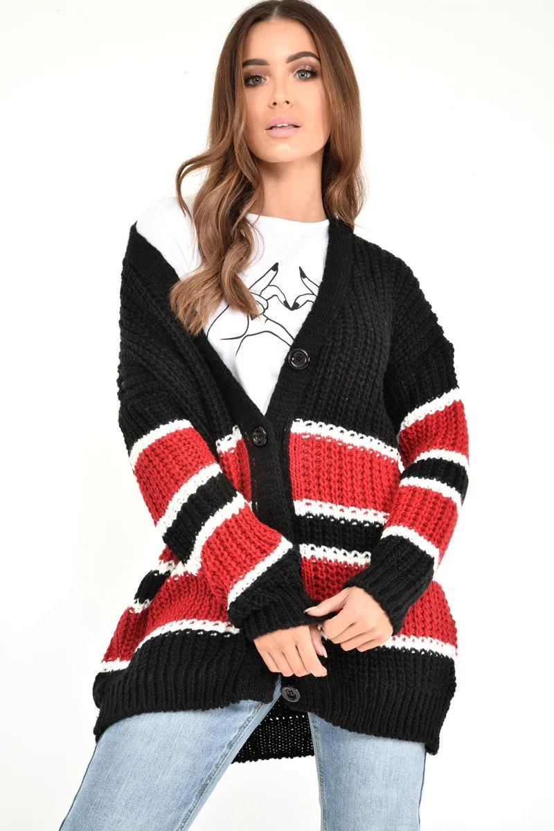 Black Red Colour Block Chunky Knit Cardigan - Brionna