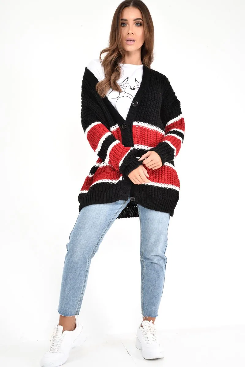 Black Red Colour Block Chunky Knit Cardigan - Brionna