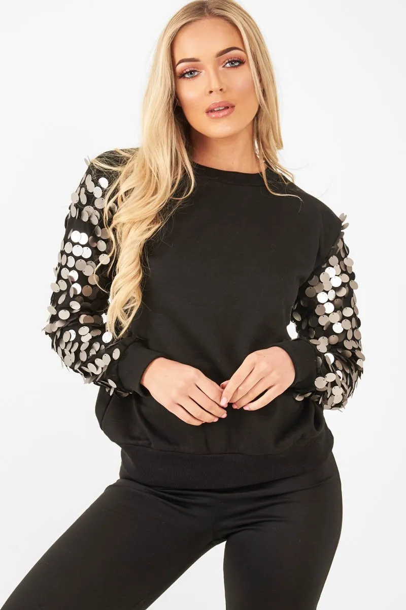 Black Sequin Sleeve Sweatshirt  - Tasmin