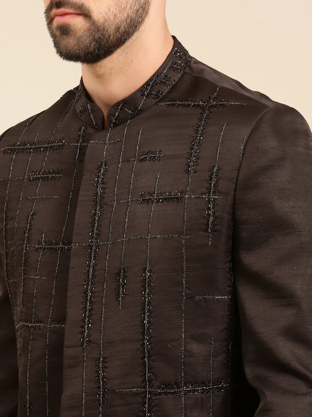 Black Silk Embroidered Sherwani for Men - MMSHR046