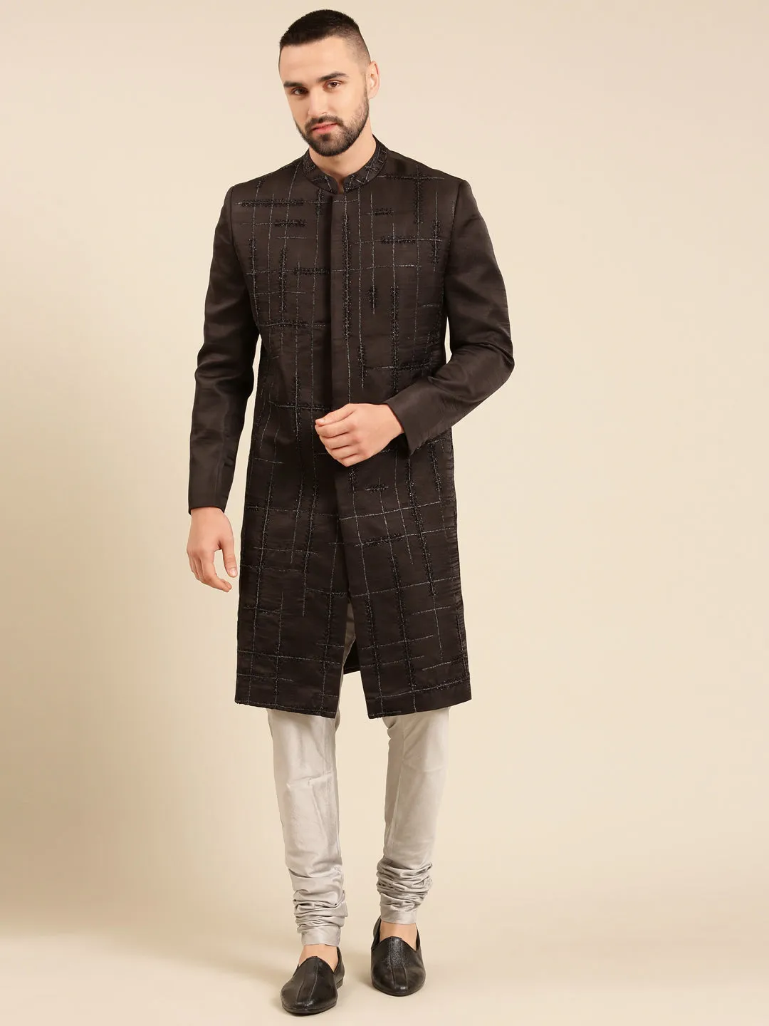 Black Silk Embroidered Sherwani for Men - MMSHR046