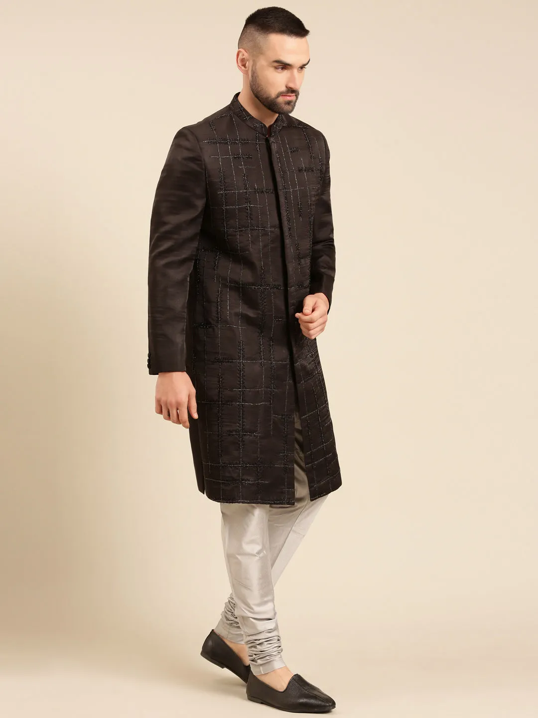 Black Silk Embroidered Sherwani for Men - MMSHR046