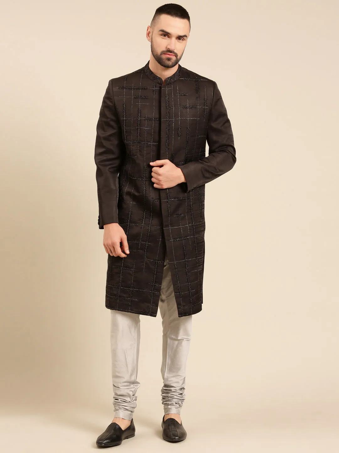 Black Silk Embroidered Sherwani for Men - MMSHR046