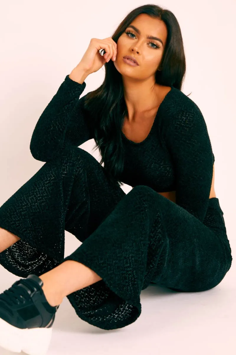 Black Velour Crop Top Wide Leg Trouser Co-Ord - Salina