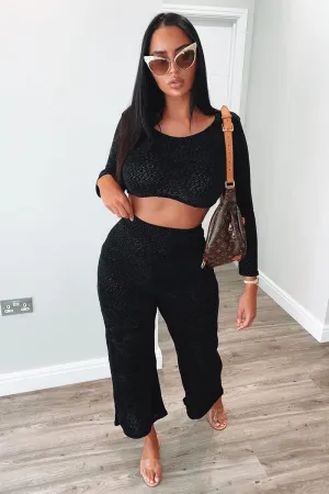 Black Velour Crop Top Wide Leg Trouser Co-Ord - Salina