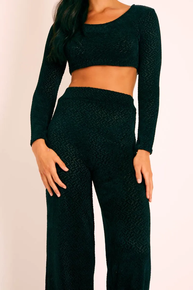 Black Velour Crop Top Wide Leg Trouser Co-Ord - Salina